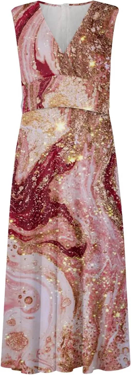 Yesunpxs Summer Dresses for Women 2024 Wrap V Neck Flowy Ruched Maxi Dress Sleeveless Printed Beach Dresses Boho Sundresses