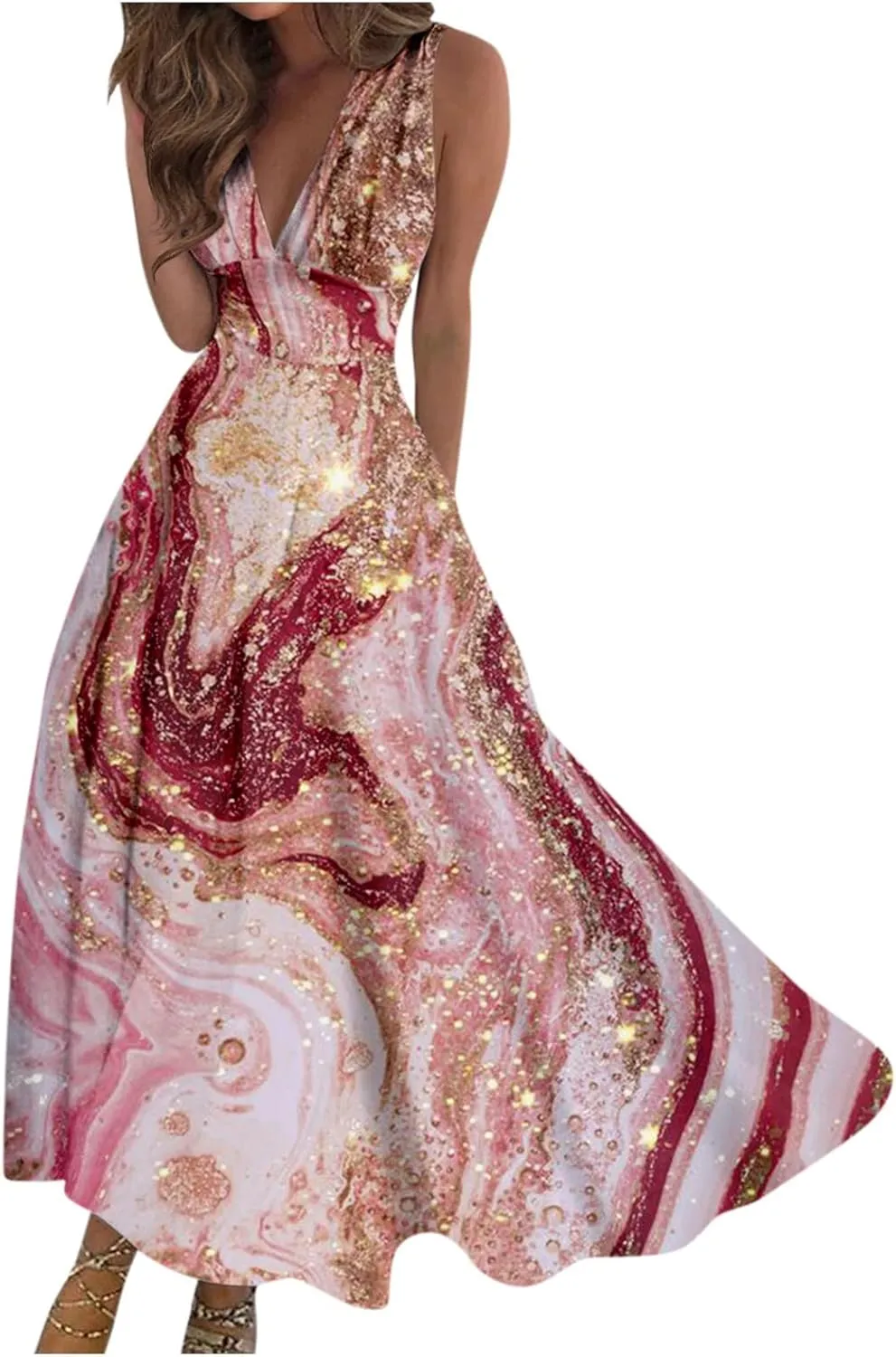 Yesunpxs Summer Dresses for Women 2024 Wrap V Neck Flowy Ruched Maxi Dress Sleeveless Printed Beach Dresses Boho Sundresses