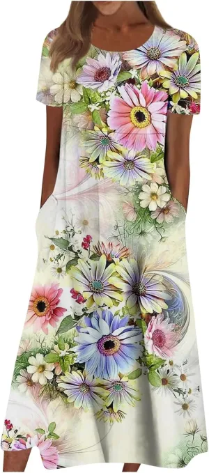 Yesunpxs Summer Dresses for Women Floral Print Loose Maxi Dress Casual Short Sleeves Sundresses Round Neck Beach Dress with