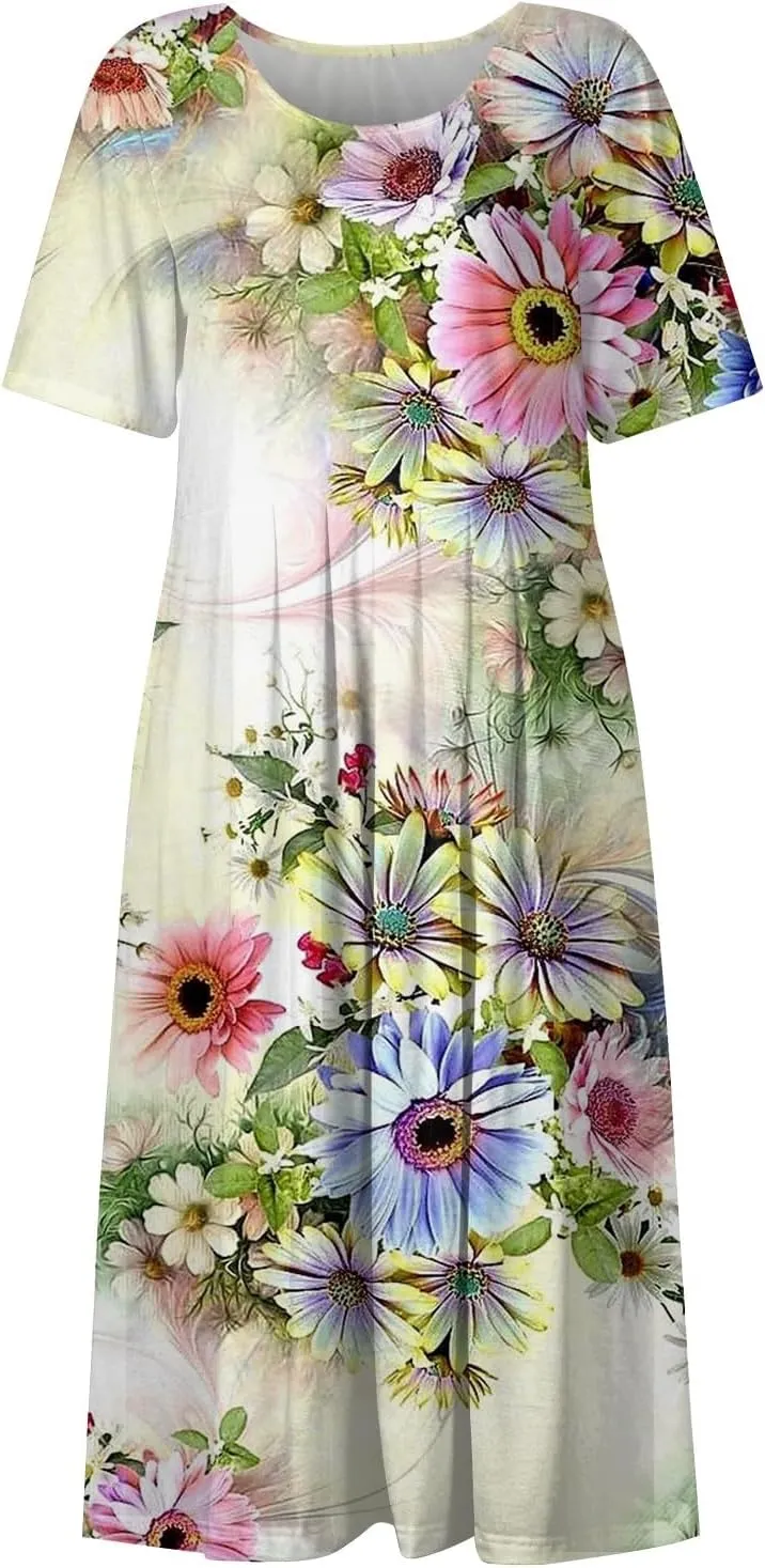 Yesunpxs Summer Dresses for Women Floral Print Loose Maxi Dress Casual Short Sleeves Sundresses Round Neck Beach Dress with
