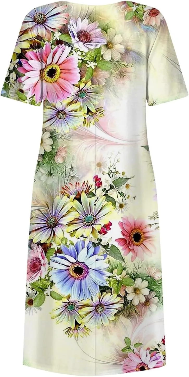 Yesunpxs Summer Dresses for Women Floral Print Loose Maxi Dress Casual Short Sleeves Sundresses Round Neck Beach Dress with