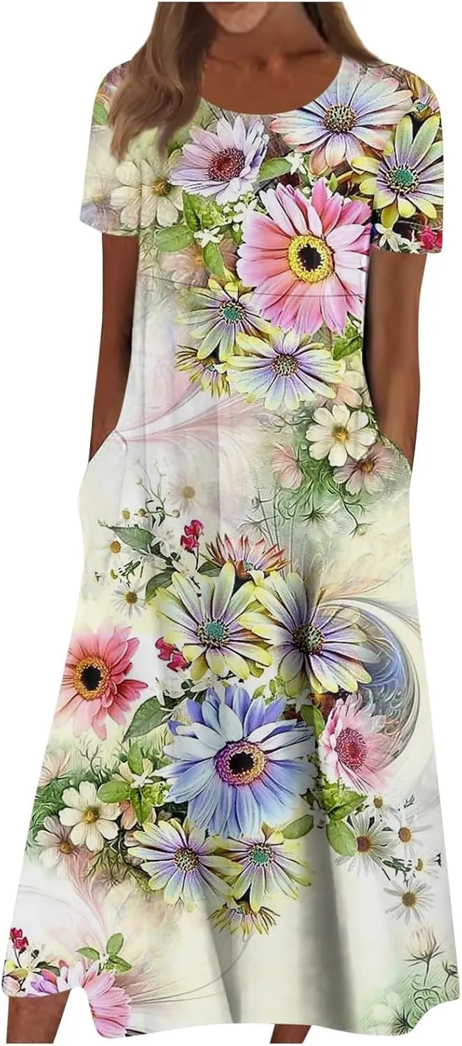Yesunpxs Summer Dresses for Women Floral Print Loose Maxi Dress Casual Short Sleeves Sundresses Round Neck Beach Dress with