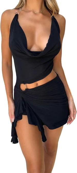 Yoawdats Women Y2K Mini Beach Dress Sexy Halter Neck Sleeveless Backless Cut Out Bodycon Short Dress Summer Beach Sundress