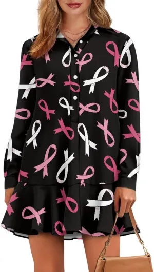 Youngerbaby Breast Cancer Awareness Shirt Dress for Women Long Sleeve V Neck Dresses Ruffle Hem Dress S-2XL