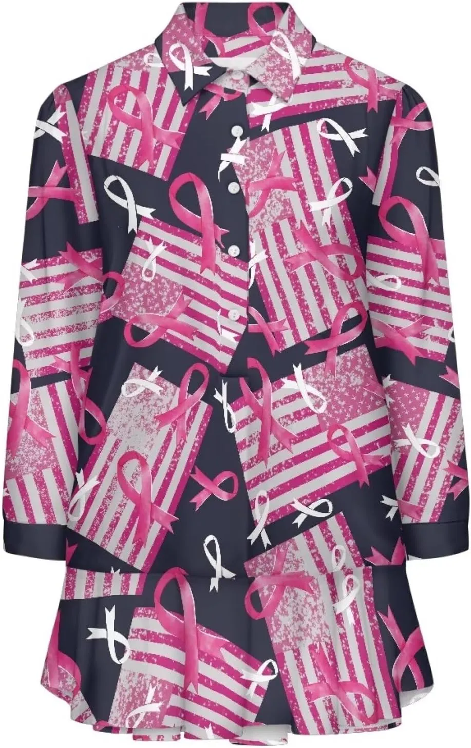 Youngerbaby Breast Cancer Awareness Shirt Dress for Women Long Sleeve V Neck Dresses Ruffle Hem Dress S-2XL