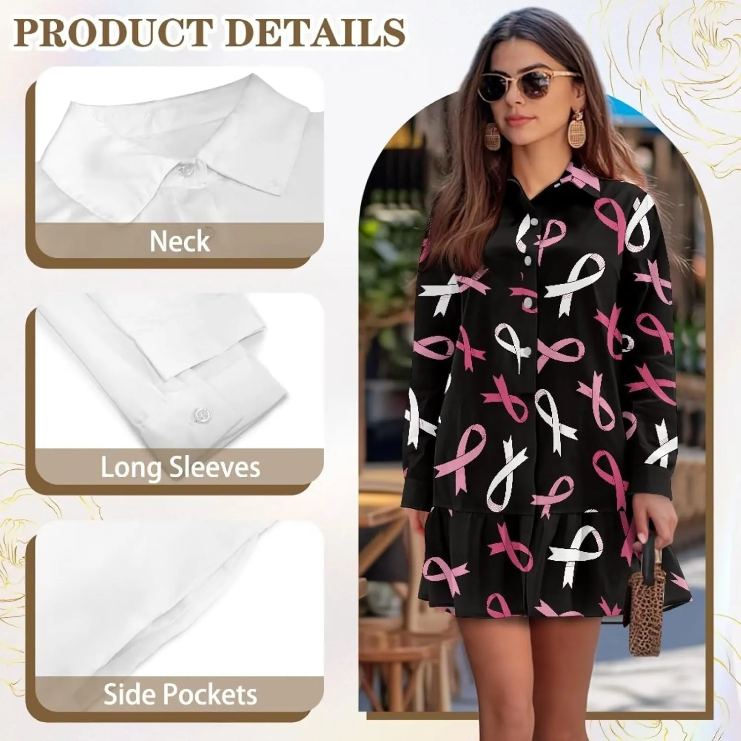 Youngerbaby Breast Cancer Awareness Shirt Dress for Women Long Sleeve V Neck Dresses Ruffle Hem Dress S-2XL