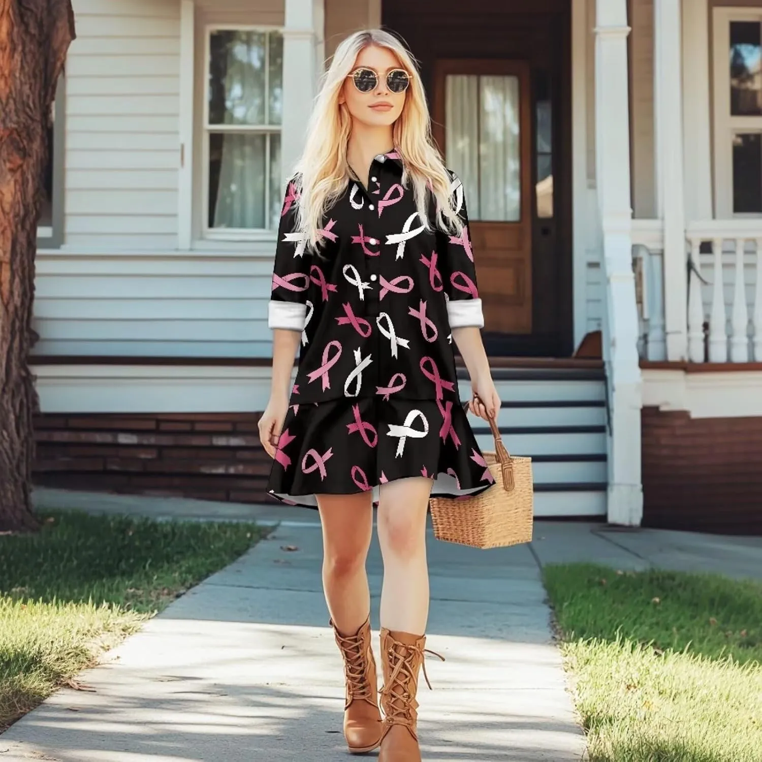 Youngerbaby Breast Cancer Awareness Shirt Dress for Women Long Sleeve V Neck Dresses Ruffle Hem Dress S-2XL