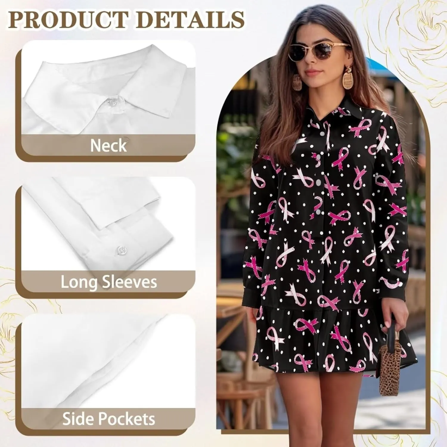 Youngerbaby Breast Cancer Awareness Shirt Dress for Women Long Sleeve V Neck Dresses Ruffle Hem Dress S-2XL