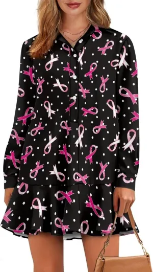 Youngerbaby Breast Cancer Awareness Shirt Dress for Women Long Sleeve V Neck Dresses Ruffle Hem Dress S-2XL