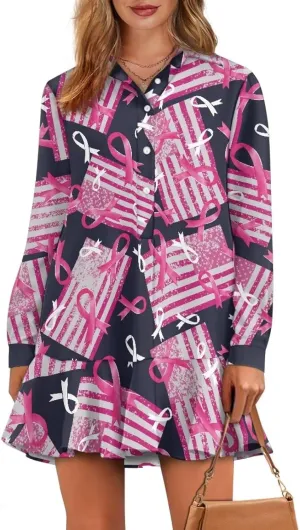 Youngerbaby Breast Cancer Awareness Shirt Dress for Women Long Sleeve V Neck Dresses Ruffle Hem Dress S-2XL