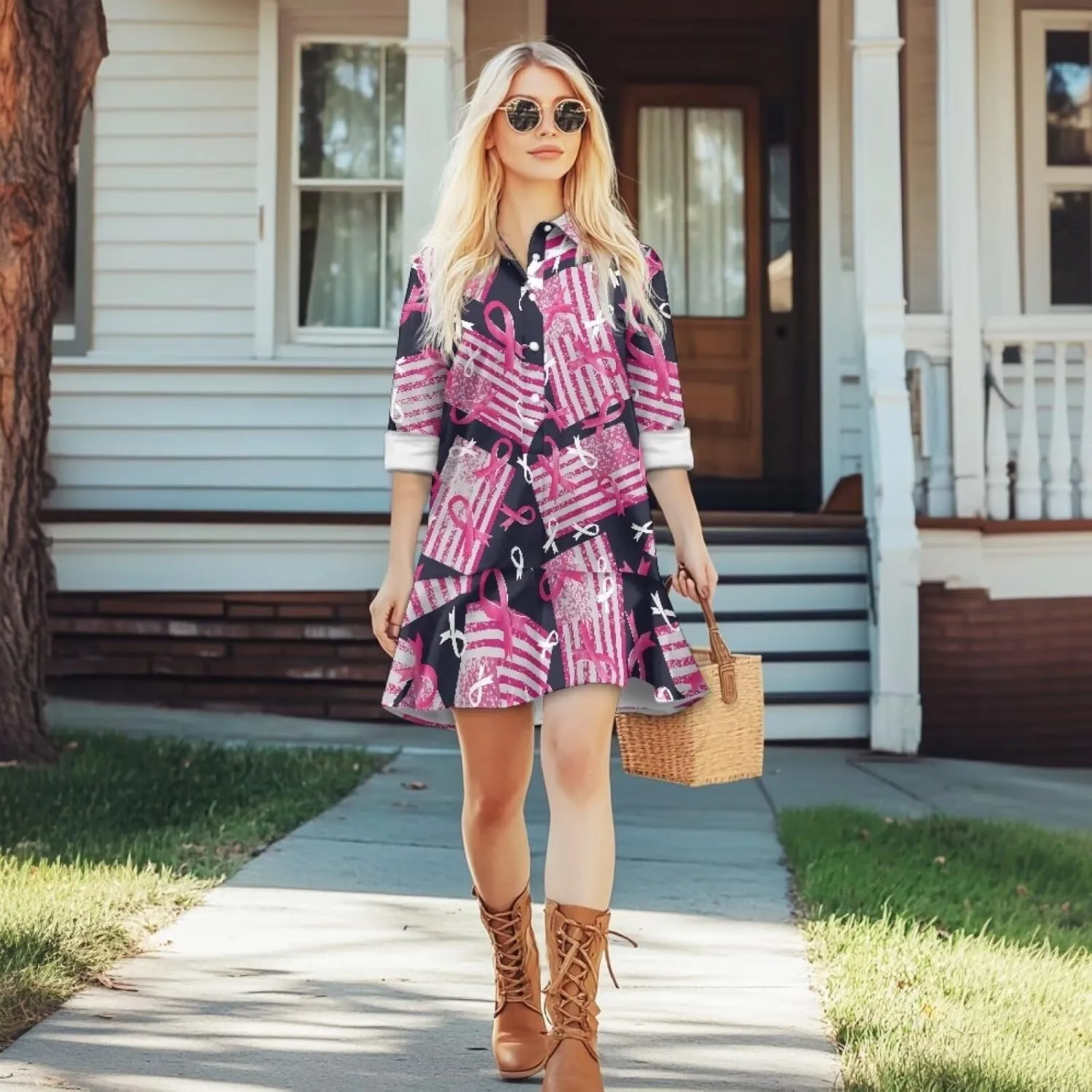 Youngerbaby Breast Cancer Awareness Shirt Dress for Women Long Sleeve V Neck Dresses Ruffle Hem Dress S-2XL