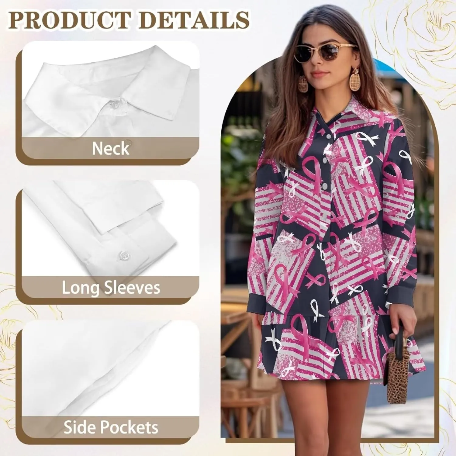 Youngerbaby Breast Cancer Awareness Shirt Dress for Women Long Sleeve V Neck Dresses Ruffle Hem Dress S-2XL