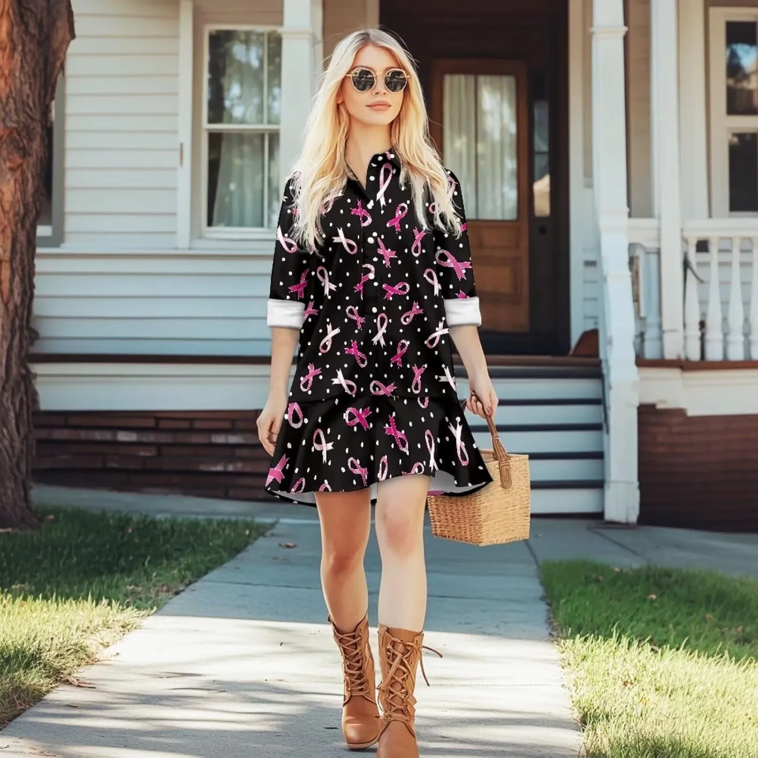 Youngerbaby Breast Cancer Awareness Shirt Dress for Women Long Sleeve V Neck Dresses Ruffle Hem Dress S-2XL