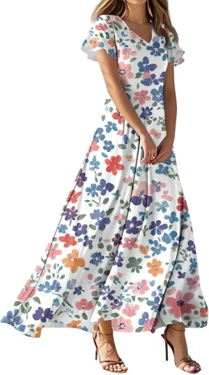 ZEFOTIM Long Maxi Dresses for Women Sexy Floral Dress Short Sleeve V Neck Dresses