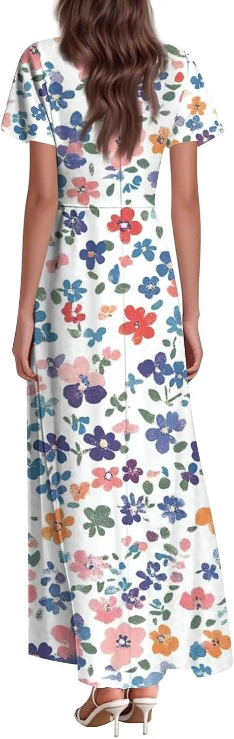 ZEFOTIM Long Maxi Dresses for Women Sexy Floral Dress Short Sleeve V Neck Dresses