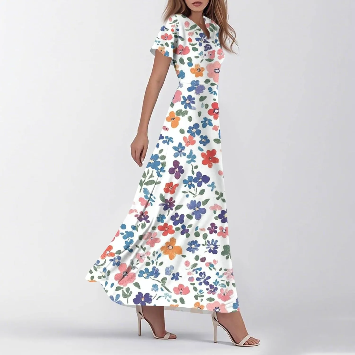 ZEFOTIM Long Maxi Dresses for Women Sexy Floral Dress Short Sleeve V Neck Dresses
