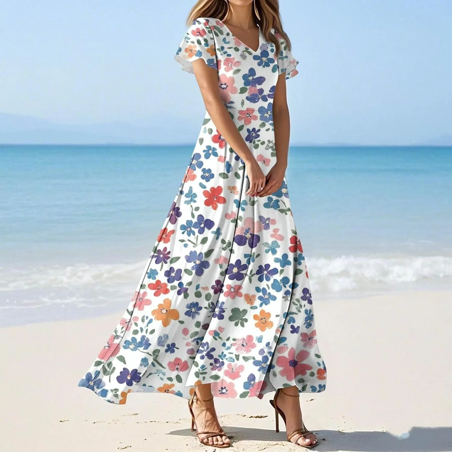 ZEFOTIM Long Maxi Dresses for Women Sexy Floral Dress Short Sleeve V Neck Dresses
