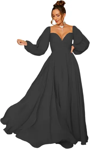 Zhangyo Long Sleeve Brdiesmaid Dresses for Wedding Off Shoulder Evening Gowns for Women Pleated Chiffon Prom Dresses CXL056