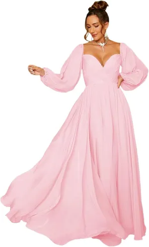 Zhangyo Long Sleeve Brdiesmaid Dresses for Wedding Off Shoulder Evening Gowns for Women Pleated Chiffon Prom Dresses CXL056